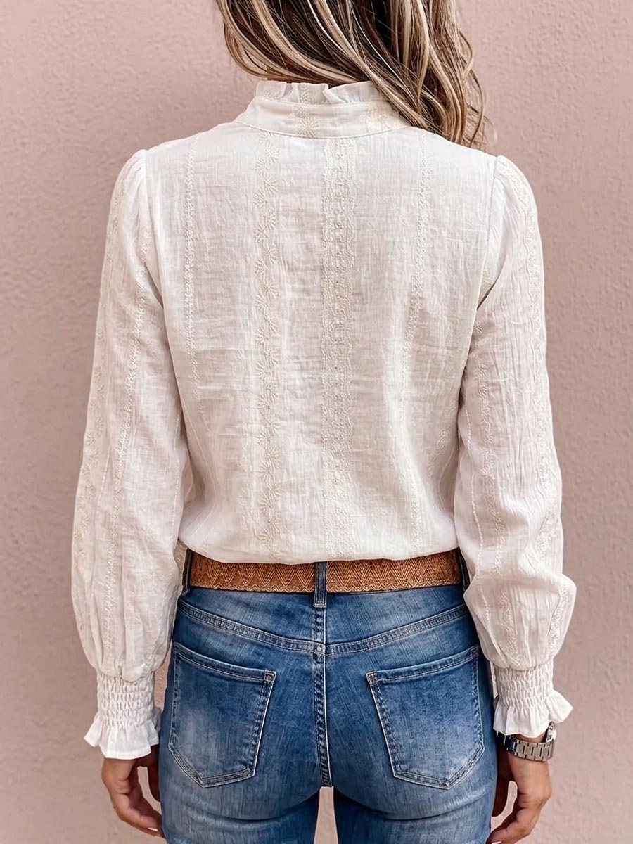 Women's Solid-color V-neck Long-sleeve Loose Casual Embroidered Shirt