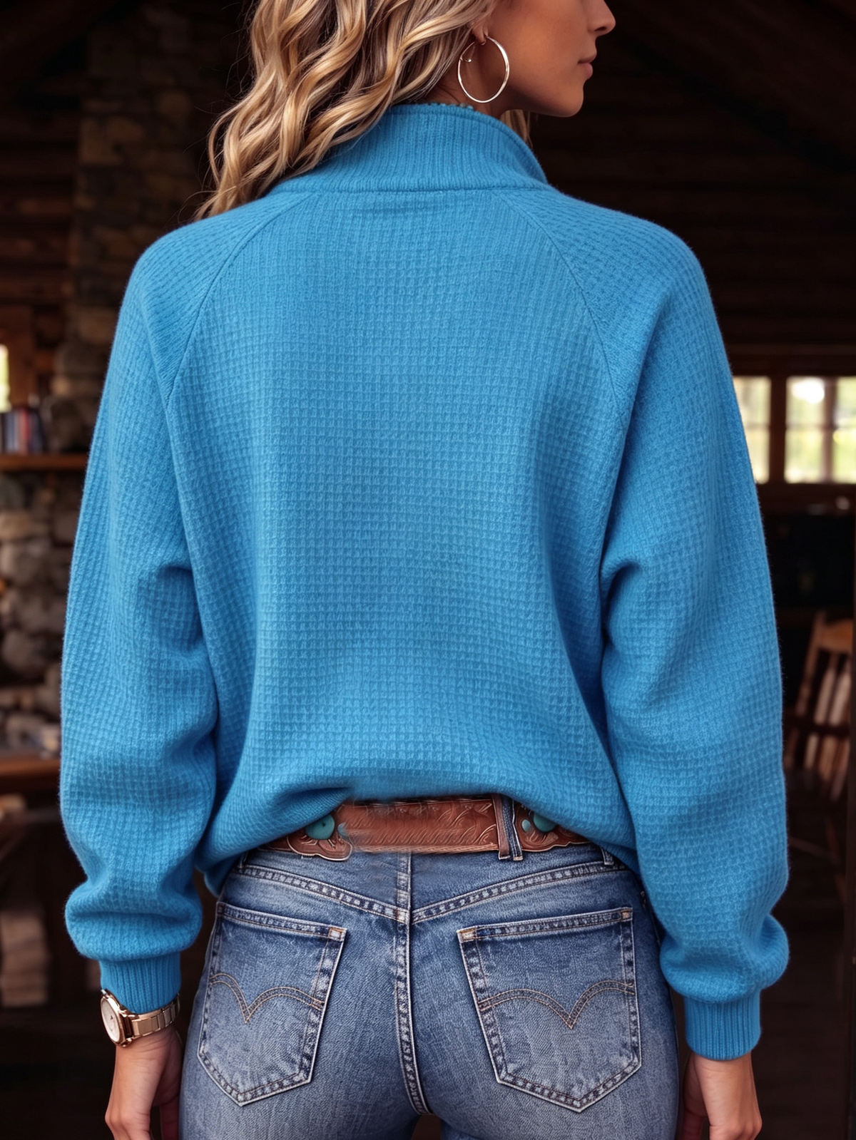 Casual Bohemian Stand-up Collar Waffle Pullover