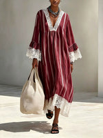 Loose-fit, Cozy Striped Linen-cotton Dress With Lace Paneling