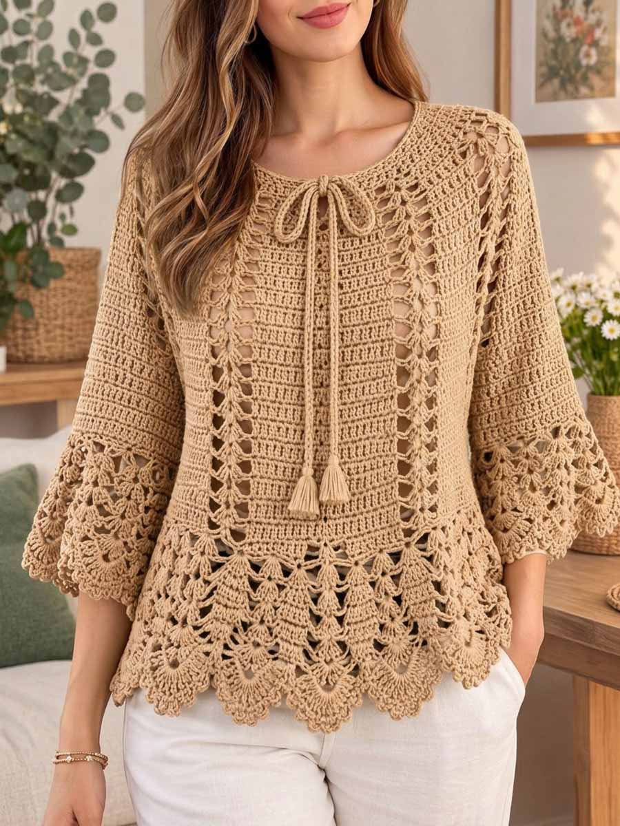 Boho Hollow-out Crochet Knit Blouse With Tassel Tie