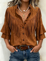 Western Fringe Fux-Suede Button-Down Top
