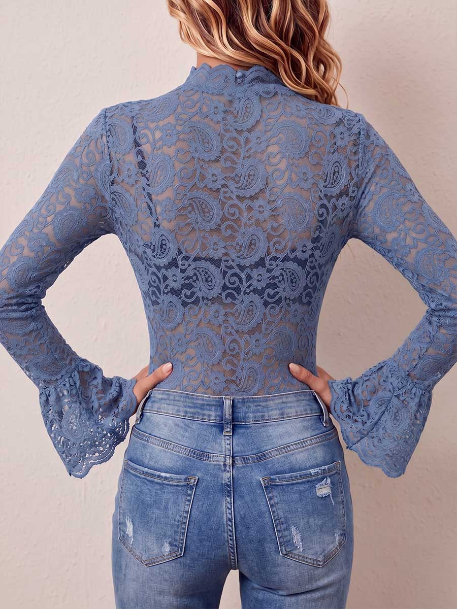 Women's Solid Color Stand Collar Long-sleeved Casual Loose Lace Top