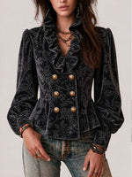 Vintage-style Elegant Floral Velvet Top With A Ruffled Collar And Ruffled Hem.