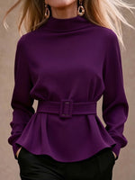 Mock-neck Long-sleeve Top With A Fitted Waist And Ruffled Hem
