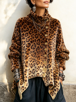 Bold Leopard Print Asymmetrical High-neck Velvet Top