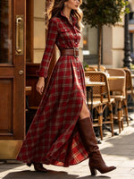 Vintage-style Plaid Cotton Long Shirt Dress