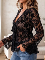 Women's Black Flocked Floral Sheer Mesh Top - Plunging Tie-Front Bell Sleeve Babydoll Blouse