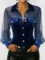 Elegant And Sexy Velvet Shirt With Mesh Sheer Sleeves