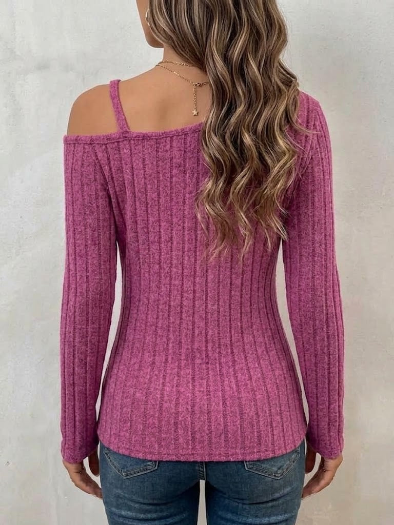 Long-sleeve Vertical-ribbed Top With An Asymmetric Shoulder And Metal Buckle Detail