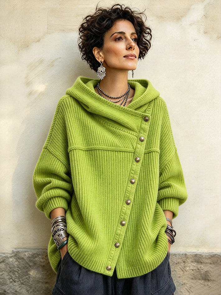 Chic Oversized Ribbed Asymmetrical Button Hooded Sweater