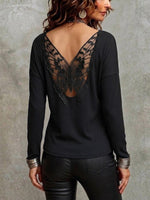 Solid-color Long-sleeve Ribbed T-shirt With Butterfly-floral Back Paneling