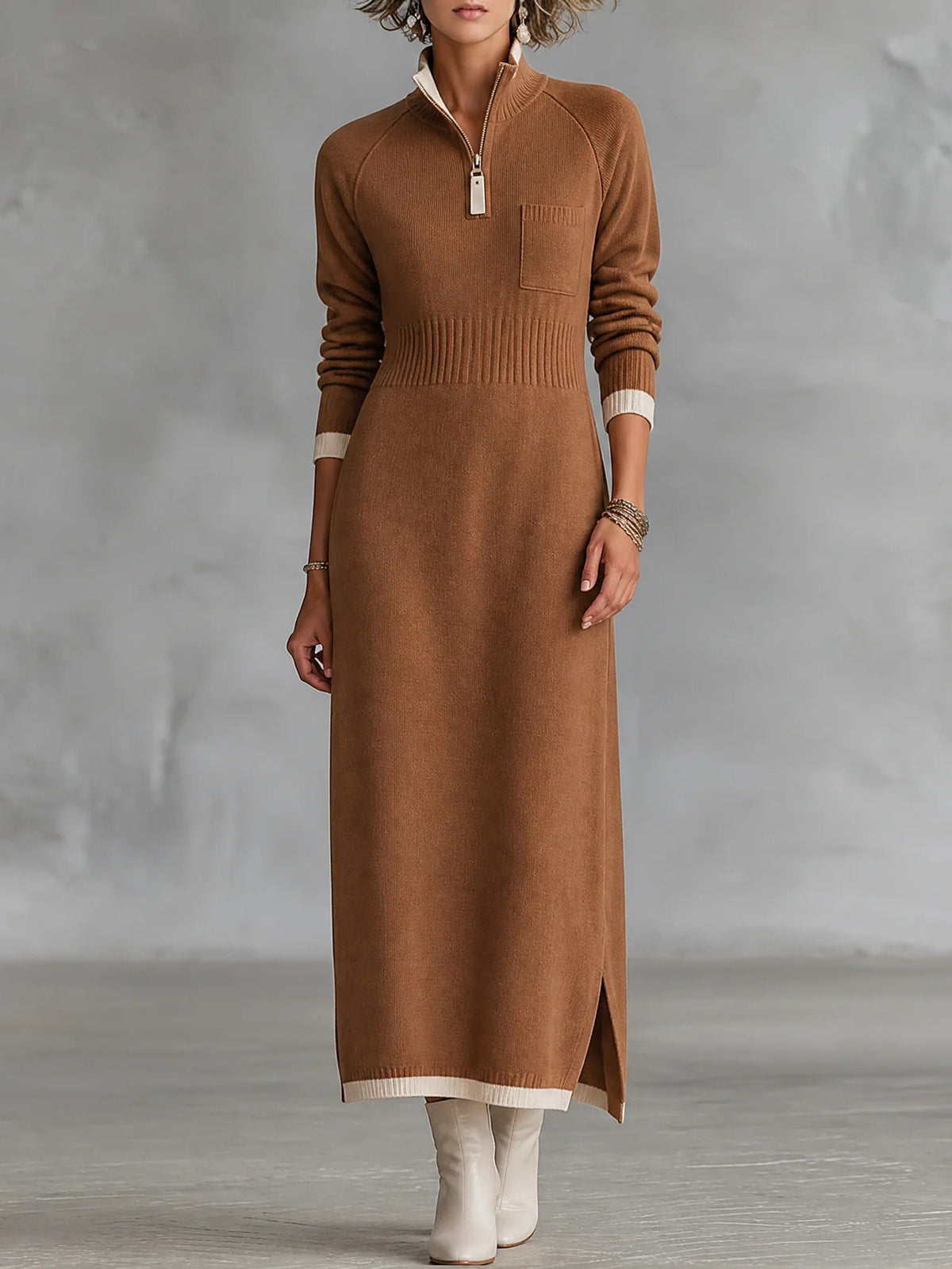 Chic Color-block Trim Quarter-zip Knit Midi Dress
