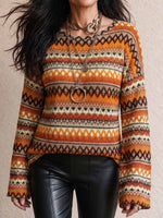 Women's Geometric Print Round Neck Long-sleeved Casual Loose Knit Pullover