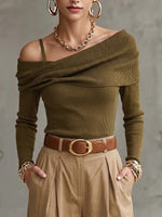 Women's Solid Color Asymmetric Pleated Off-shoulder Long-sleeve Loose Casual Knit Top