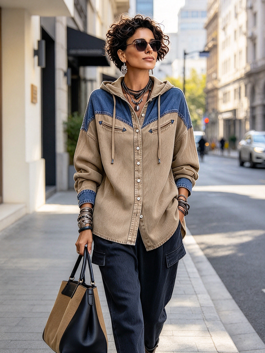 Casual Chic Colorblock Hooded Denim Jacket