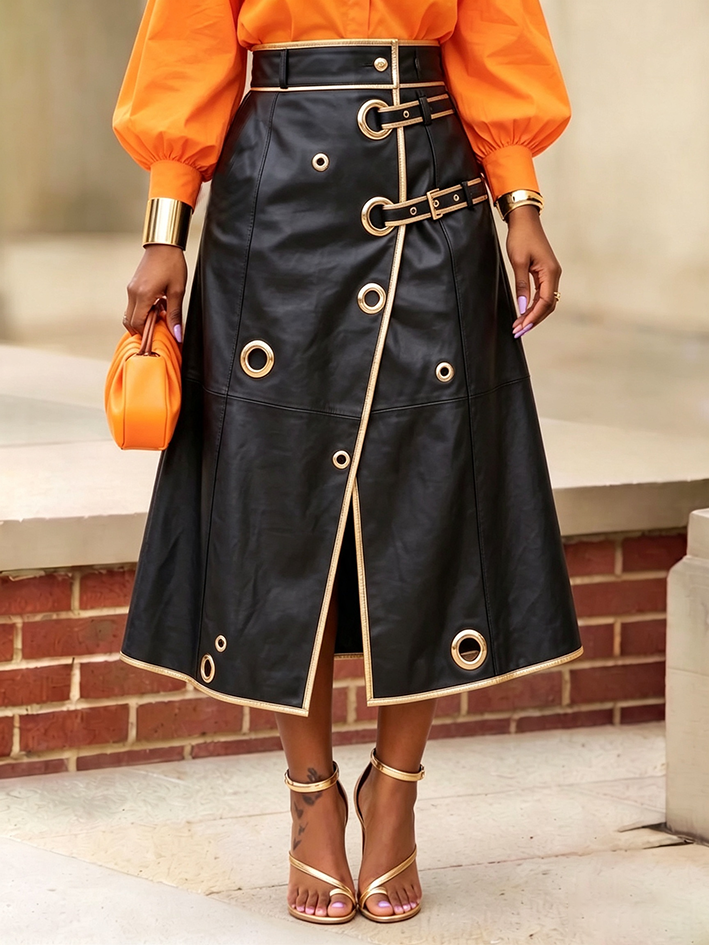 Trendy And Edgy Metallic Gold Grommets Pu Skirt