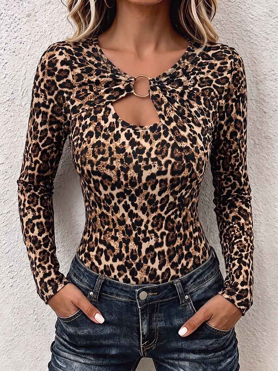 Women's Leopard Print Cut-out Crew Neck Long-sleeve Slim-fit Stretch Top
