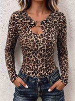 Women's Leopard Print Cut-out Crew Neck Long-sleeve Slim-fit Stretch Top