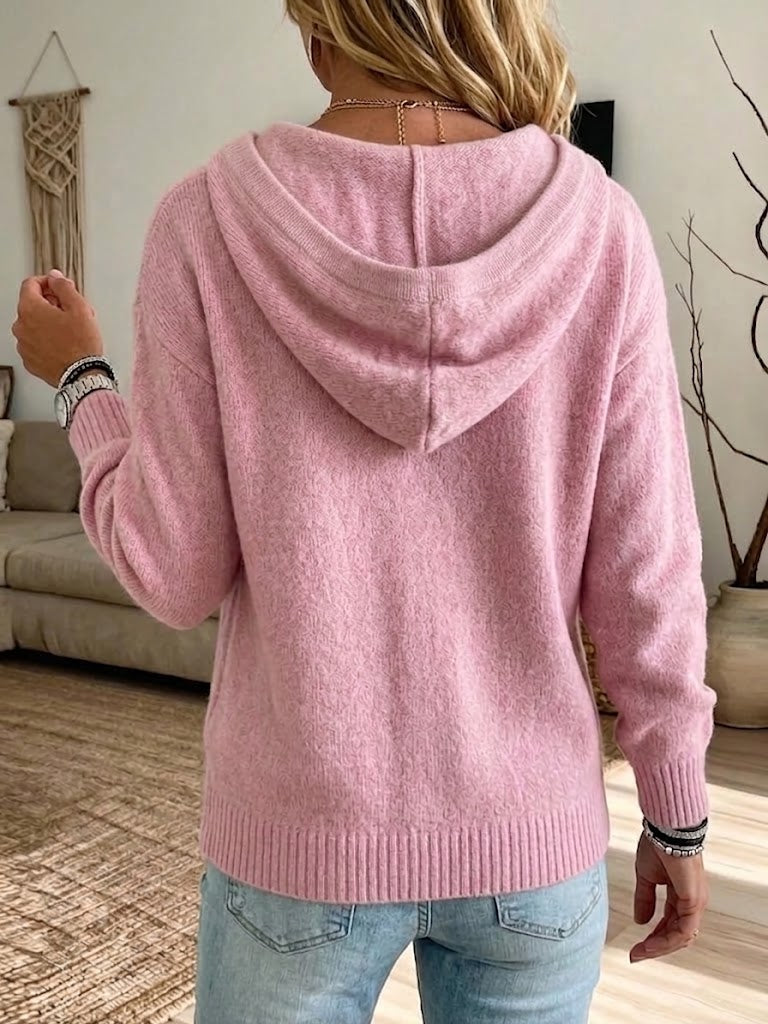 Solid-color Loose-fit Hooded Knit Cardigan With Zipper