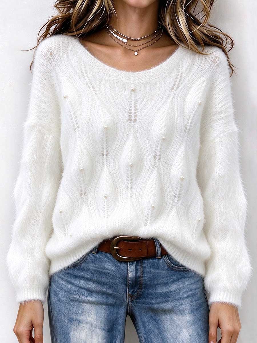 White Fuzzy Knit Sweater With Pearl Embellishments