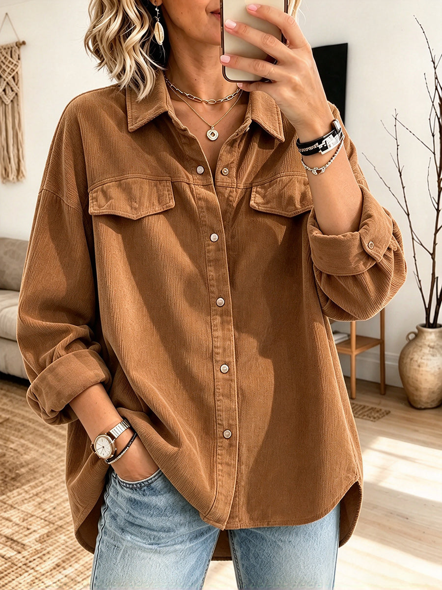 Casual Loose-fit Green Corduroy Shirt