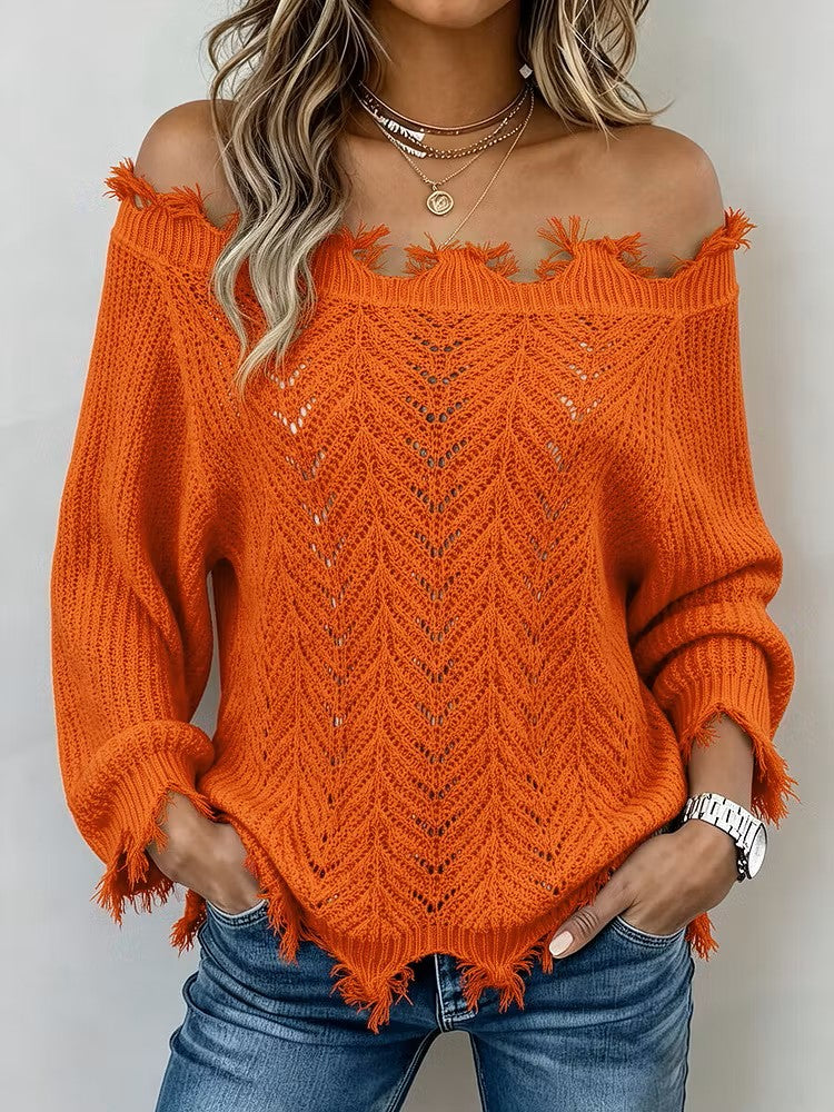 Exquisite Off-shoulder Cut-out Knit Top With Raw Edges