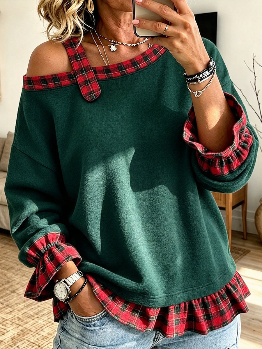 Casual Chic Plaid-paneled Off-shoulder Sweatshirt