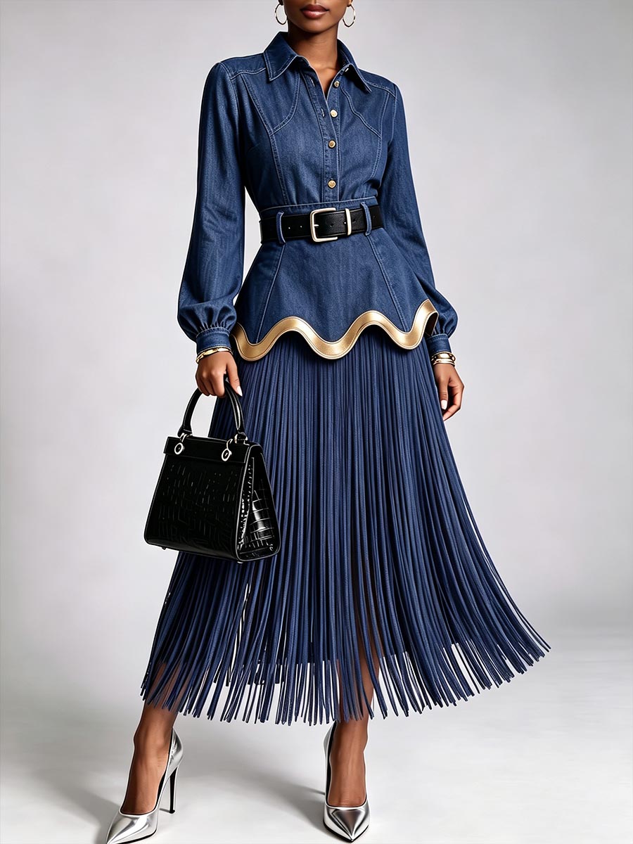 Women's Collared Long-sleeved Casual Loose-fitting Tassel Denim Dress