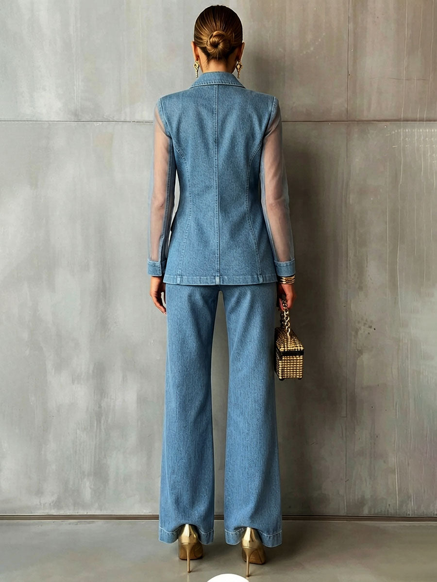 Chic Trendy Sheer-paneled Wide-leg Denim Pants