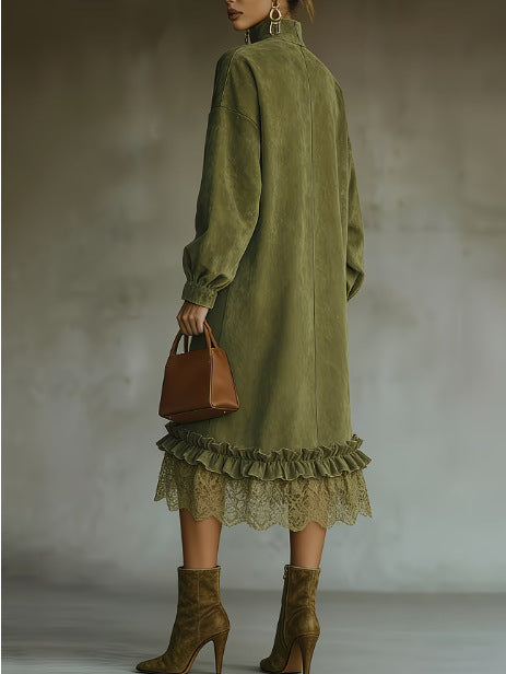 Chic And Elegant Midi Dress Featuring Faux Suede Paneling And A Lace Hem.