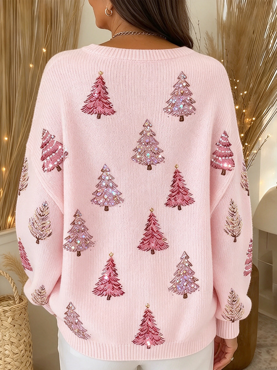 Cozy Chic Pink Christmas Tree Knit Sweater