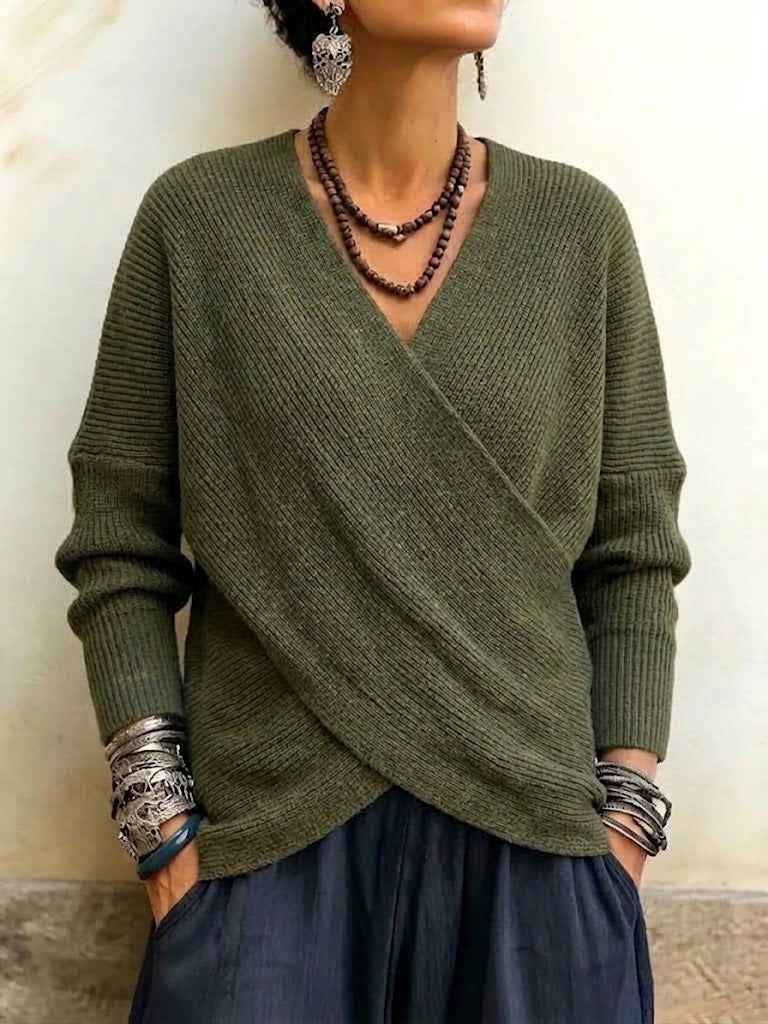Long-sleeve V-neck Wrap-style Knit Sweater