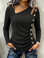 Asymmetric-neck Ribbed Knit Top With Cut-out And Button Detail