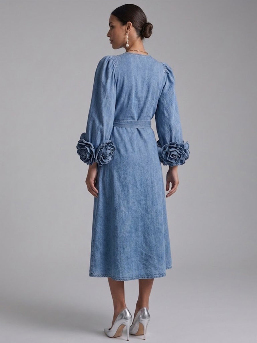 Stylish Denim Midi Wrap Skirt With 3d Rose Cuff Detail
