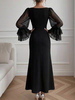 V-neck Mesh Ruffle Sleeve Slit Maxi Evening Dress