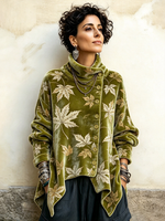 Chic Maple Leaf Print Velvet Asymmetric Fall Winter Pullover Top