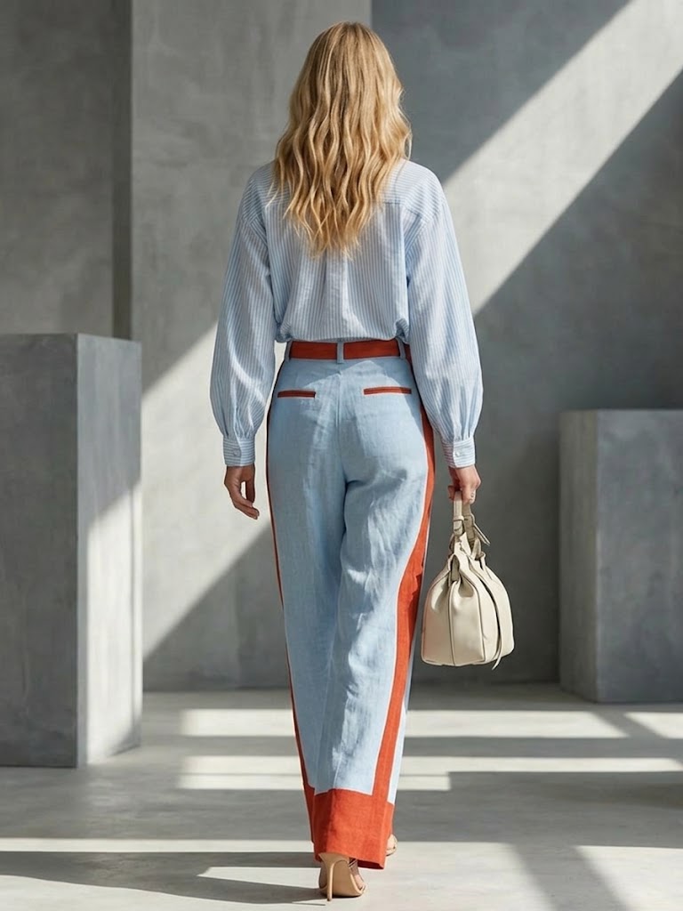 Casual Two-piece Set: Color-block Striped Linen-cotton Shirt And Trousers