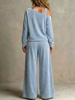 Women's Solid Color Off-shoulder Long-sleeve High-waisted Wide-leg Pants Velvet Set (loose Fit)