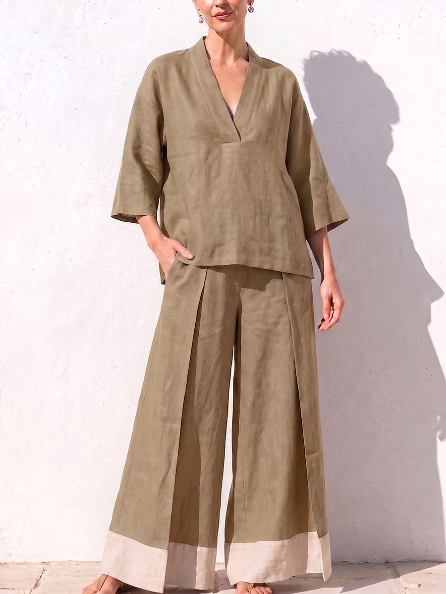 Women's V-neck 3/4 Sleeve Casual Loose Cotton Linen Top High-waisted Casual Loose Color-blocked Wide-leg Pants Cotton Linen Set
