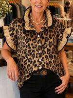 Women's Leopard Print Collared Short-sleeve Casual Loose Cotton Linen Cardigan