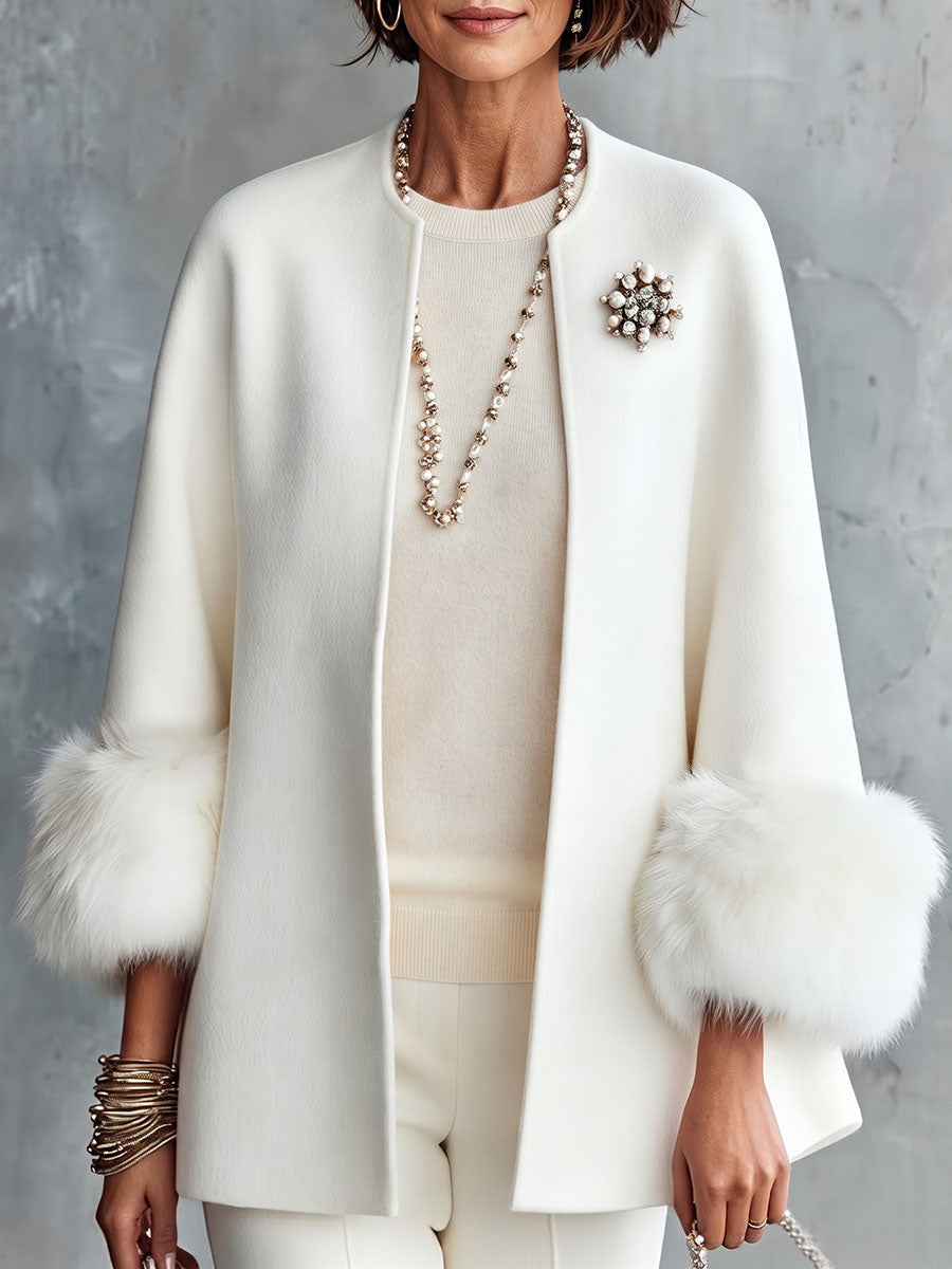 Elegant Cozy Faux Fur Cuffs Wool-blend Coat