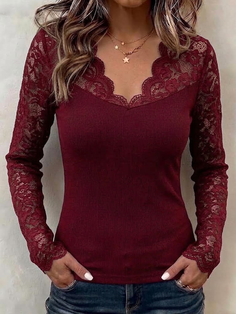 Slim-fit Long-sleeve Top With Scalloped V-neck And Lace Detailing
