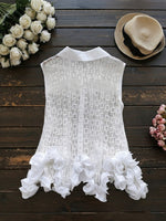 Lapel Button Front Hollow 3d Floral Sleeveless Lace Blouse