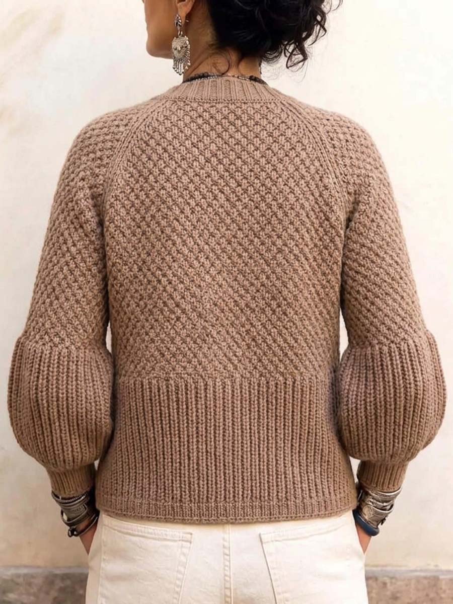 Women's Textured Knit Lantern Sleeve Cardigan With Pearl Buttons