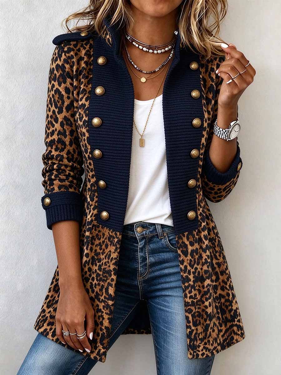 Women's Leopard Print Military Style Button-down Cardigan Jacket