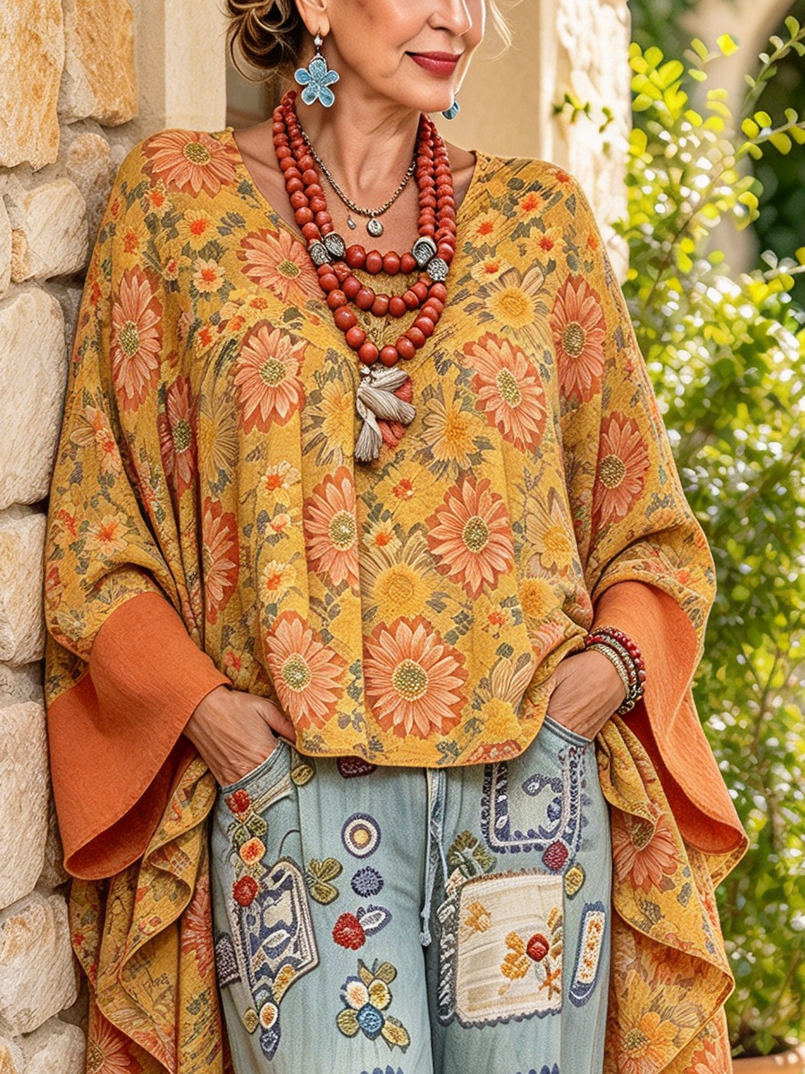 Bohemian Relaxed Flowy Daisy Print Loose Top
