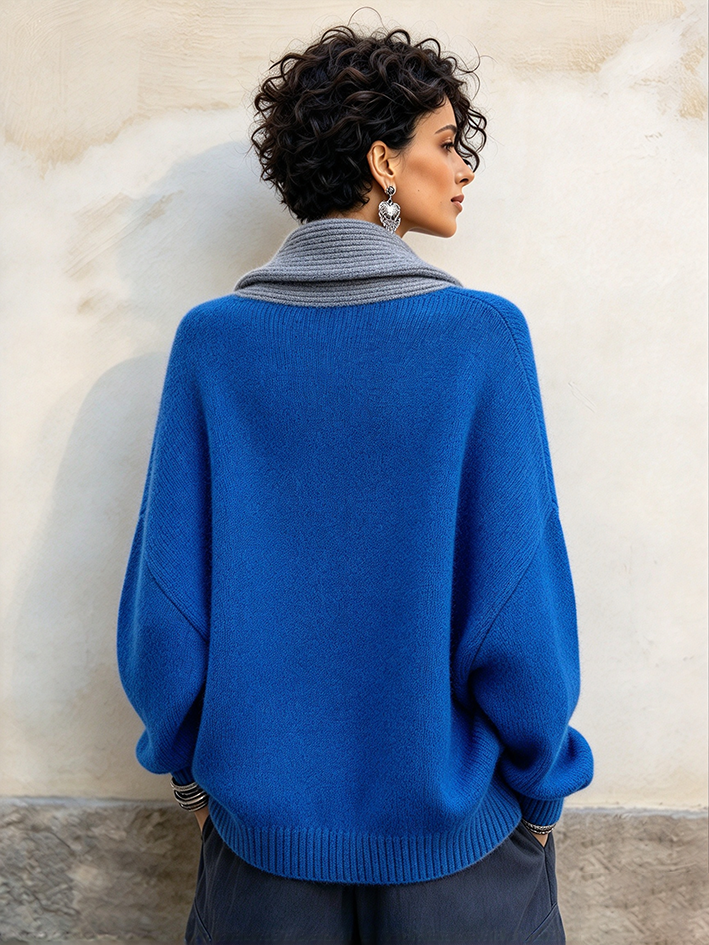 Chic Cozy Blue Colorblock Shawl Collar Sweater