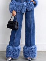 Women's Wide Leg Denim Pants With Faux Fur Hem