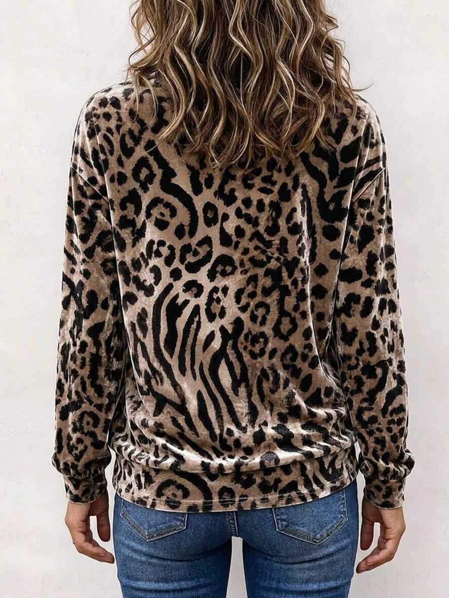 Women's Leopard Print Velvet Long Sleeve Tie-neck Top