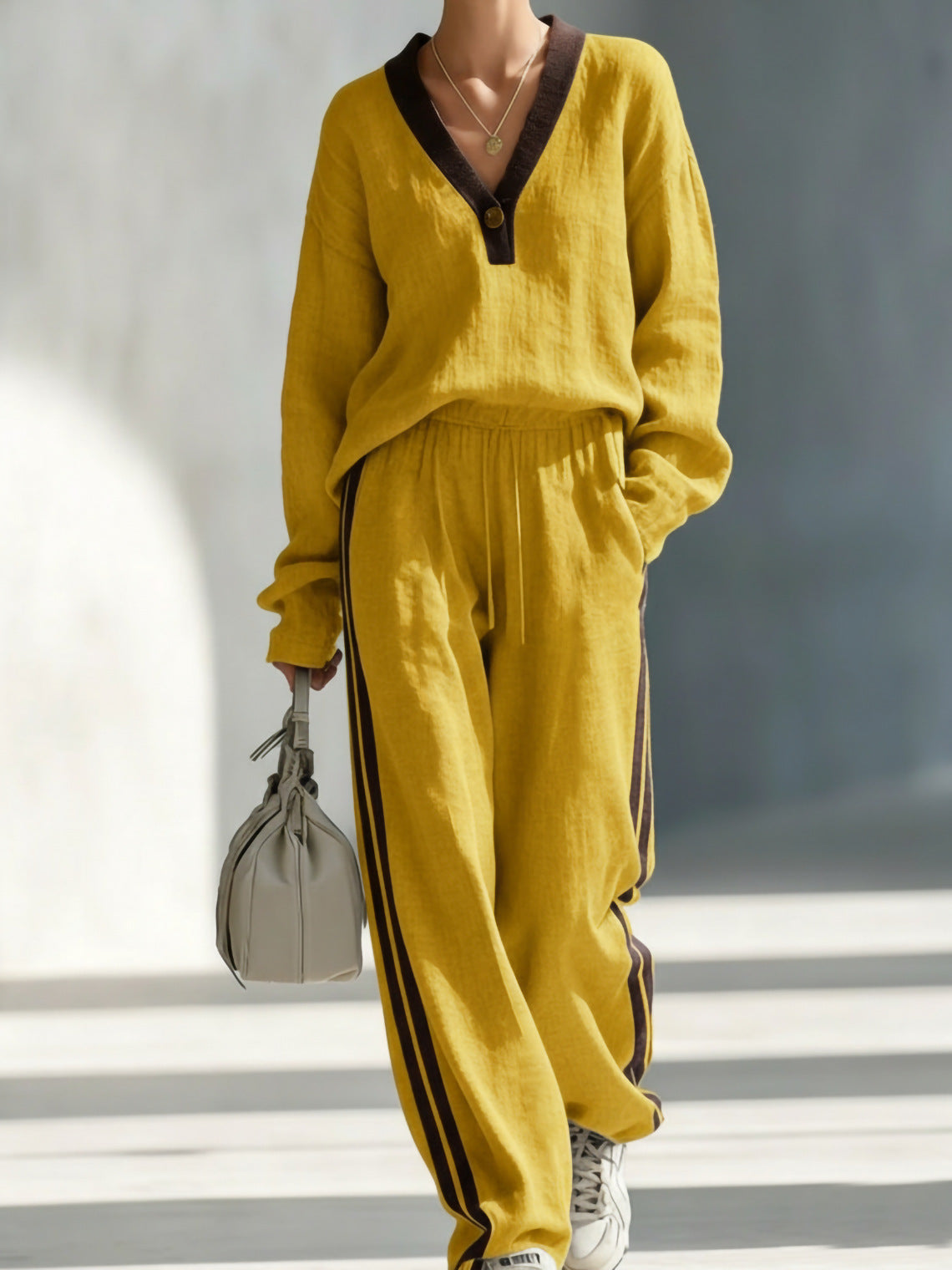 Casual Color-block Linen-cotton Top And Trousers Two-piece Set